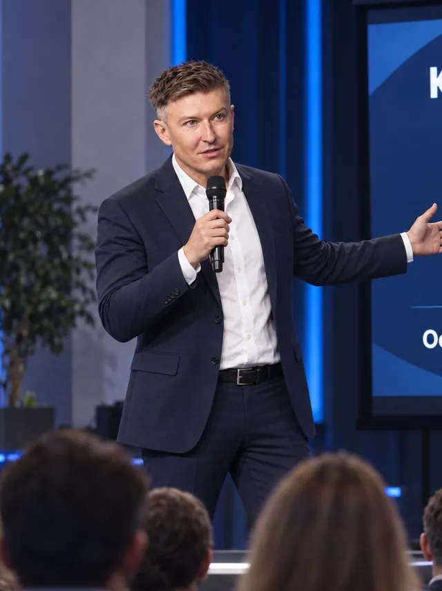 Ilia Nikolaevich Zavialov delivering a keynote on stage beside a screen