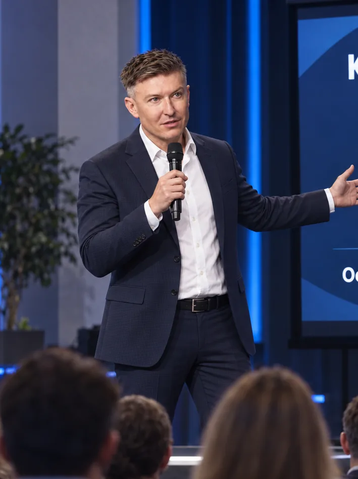 Ilia Nikolaevich Zavialov delivering a keynote on stage beside a screen